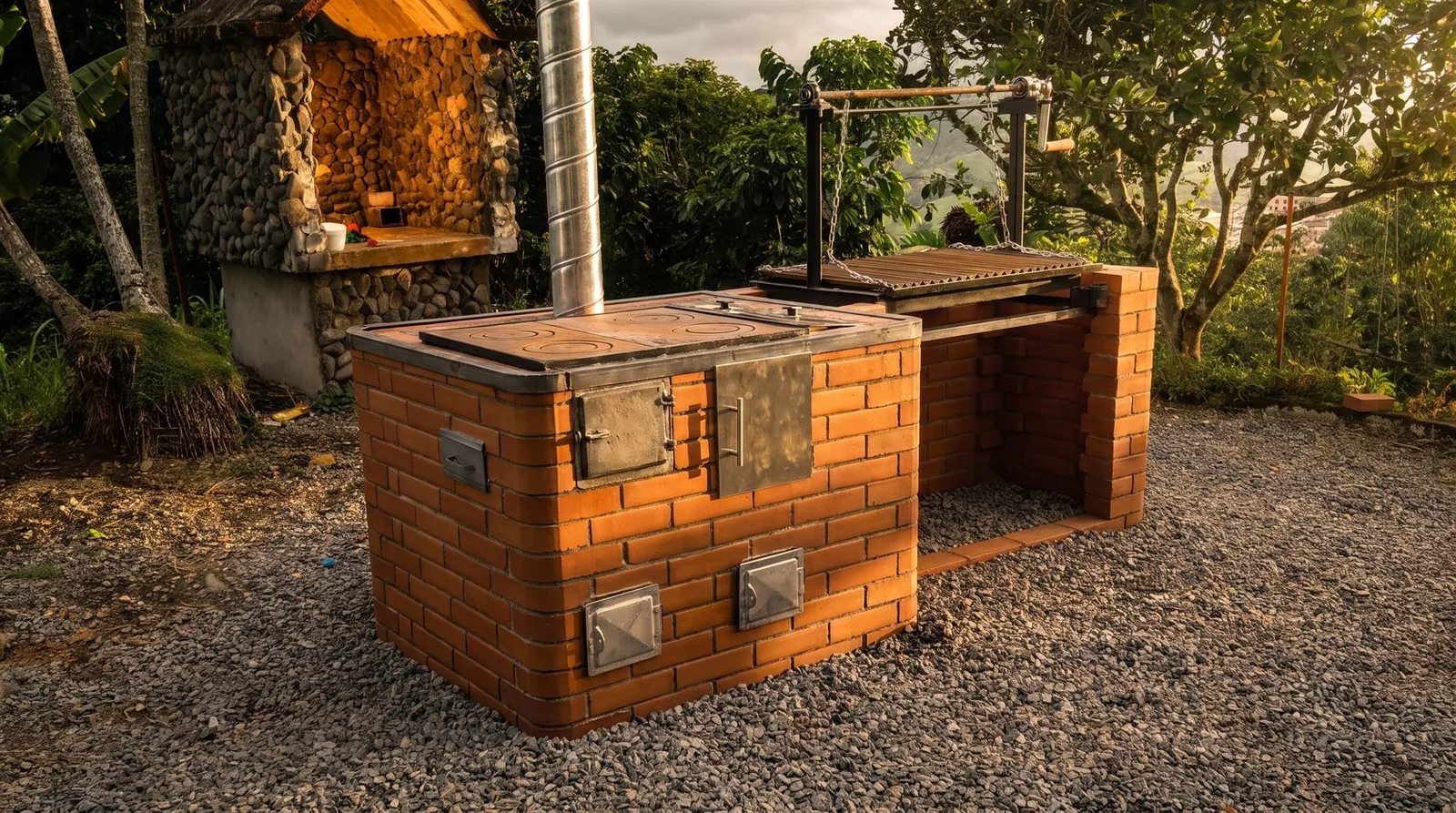 Cocina eficiente de leña en ladrillo, con parrilla y vista a las montañas al atardecer