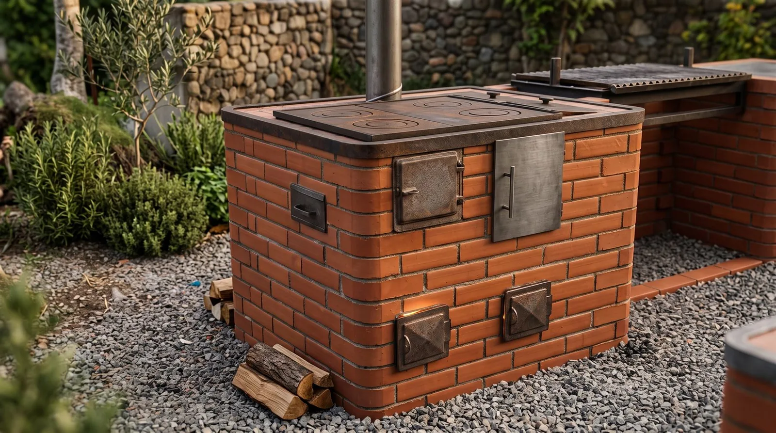 Detalle de la plancha de hierro fundido y las puertas del horno de leña