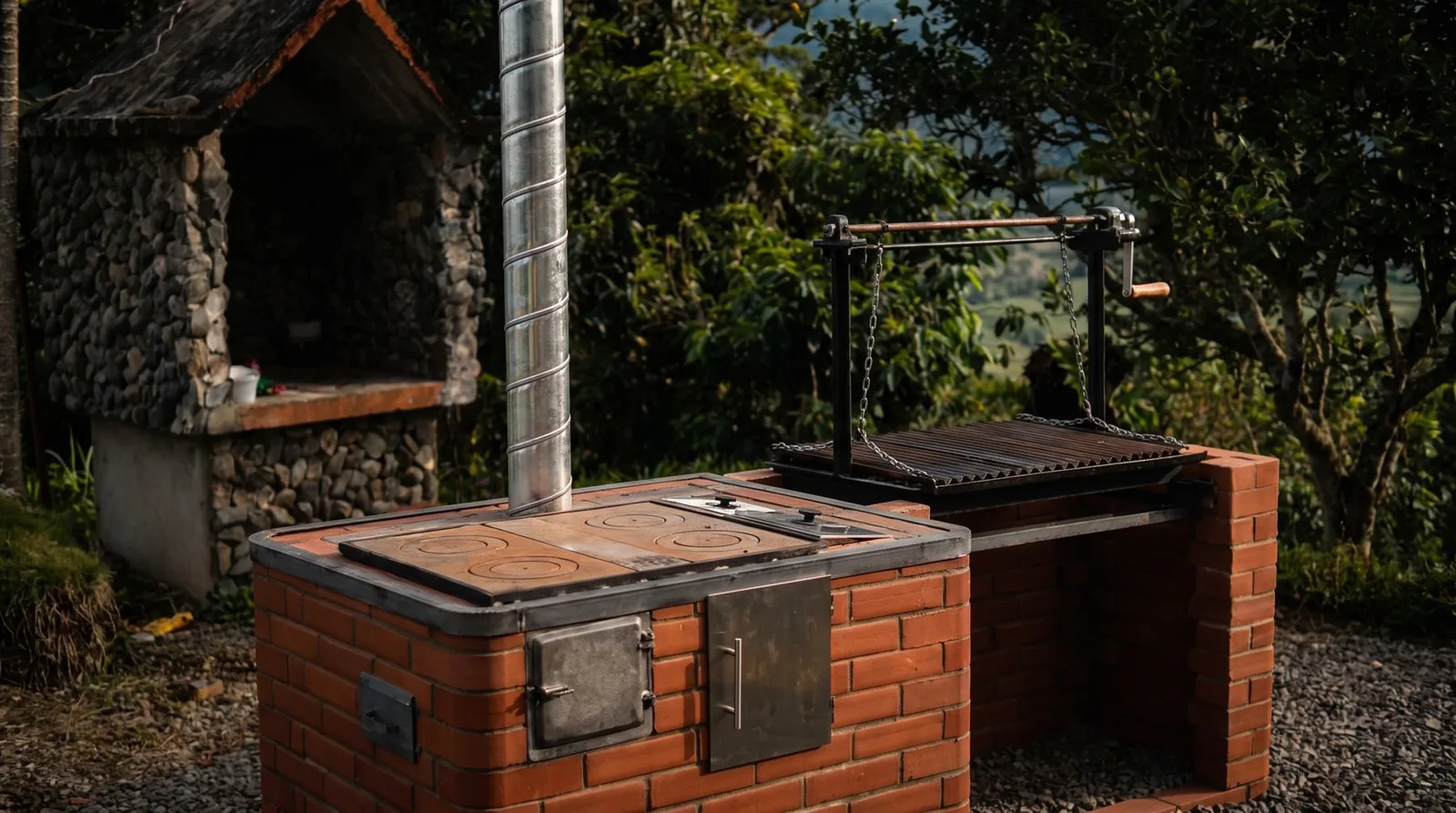 Cocina de leña en ladrillo con parrilla de asado y chimenea en acero