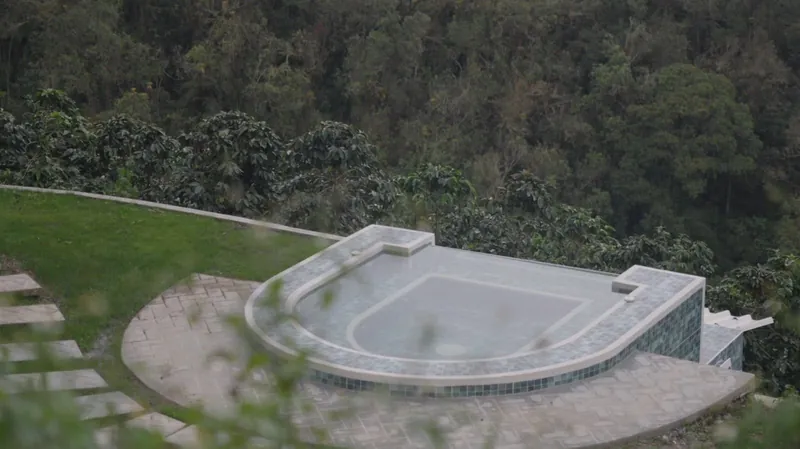 Detalle del jacuzzi enchapado en mosaico verde, entre el follaje